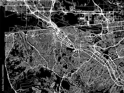 Vector road map of the city of  Tijuana in Mexico with white roads on a black background.