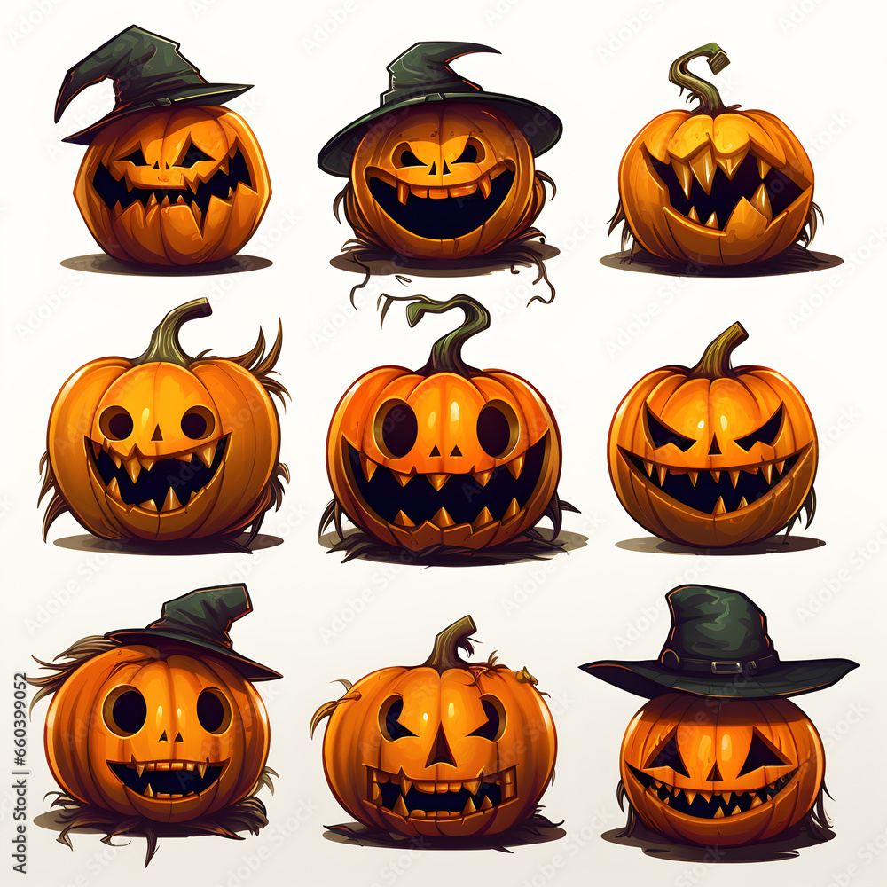 halloween pumpkins set, angry, funny characters in hat, generated ai halloween pumpkins set, angry, funny characters in hat, generated ai