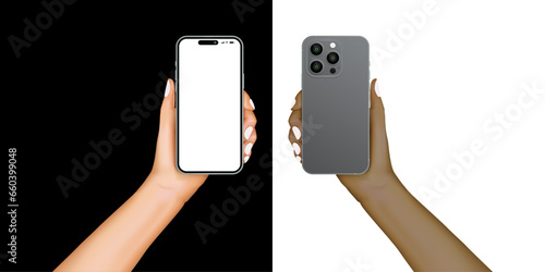Man or woman realistic black and white hand holding  mobile phone. Realistic smartphone with hands. Advertisement template design concept with smartphone isolated. Vector.