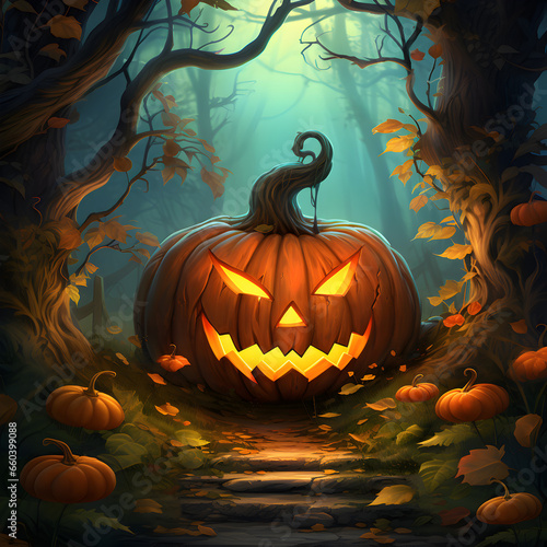 Spooky glow pumpkin smiling in the dark forest  halloween characters  generated ai
