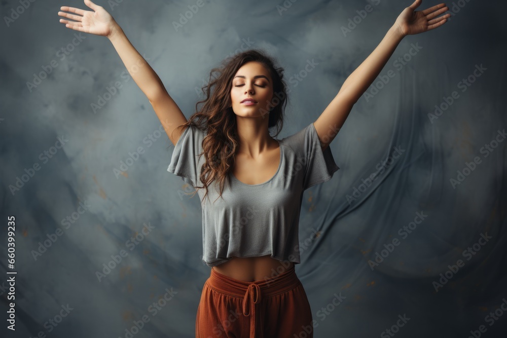 Young woman practicing a graceful yoga flow with outstretched arms, Generative AI 