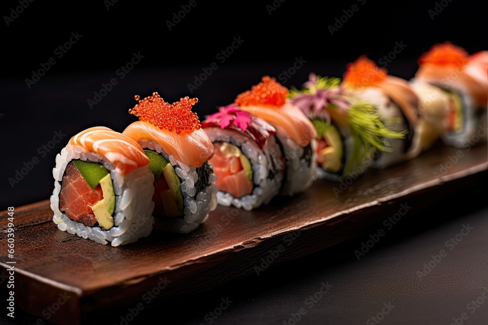 Close up photography of a sushi on a slate plate. Food photography Close up photography of a sushi on a slate plate. Food photography