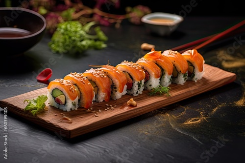 Close up photography of a sushi on a slate plate. Food photography