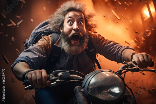 Man with beard riding motorcycle with surprised look on his face. © valentyn640