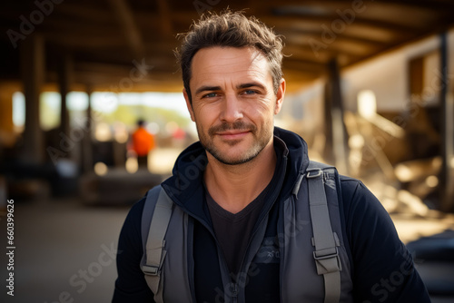 Man with backpack on smiling for the camera with building in the background.