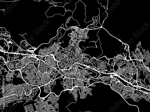 Vector road map of the city of  Zacatecas in Mexico with white roads on a black background.