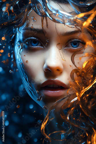 Woman with blue eyes and fire in her hair.