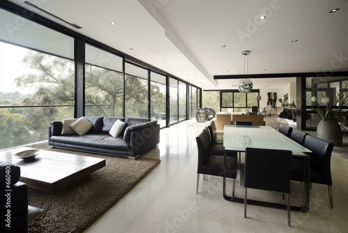 Contemporary lounge with dining area and sofa, expansive glass wall. Generative AI