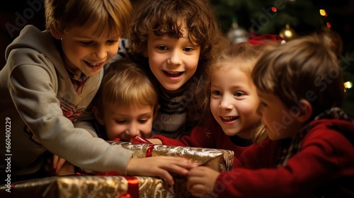 Children unwrapping Christmas gifts with wide eyed wonder