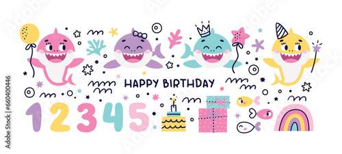 Set of Baby Shark Birthday cute vector marine colorful illustrations with number one, two, three, four, five, fish, wave, algae, star, bubble, rainbow, gift, cake for girl
