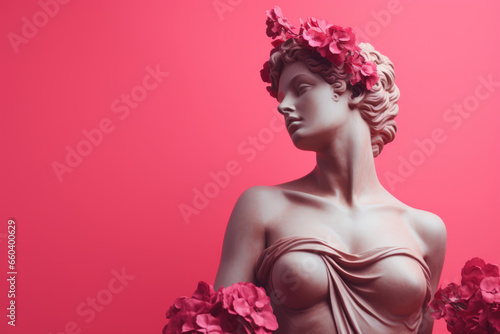 Marble statue head of young woman on a pink background