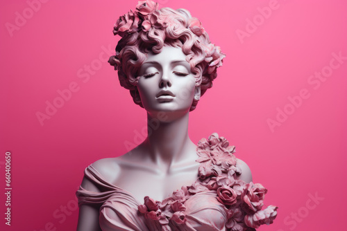 Marble statue sculpture of a young woman on a pink background