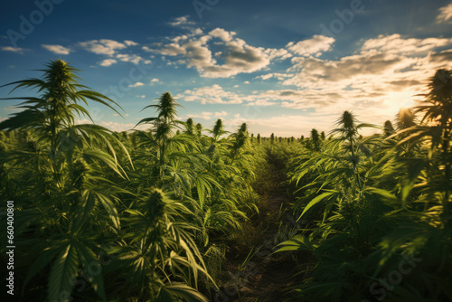 Hemp plantation field, marijuana, cannabis legalization concept