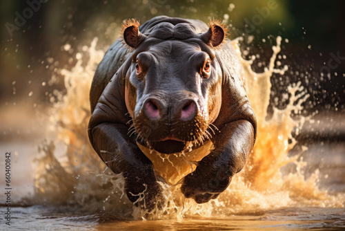 Giant running hypopotamus through a swamp © Michael