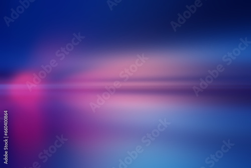Abstract peaceful horizon over water at night. Defocused neon glow. Light fla...