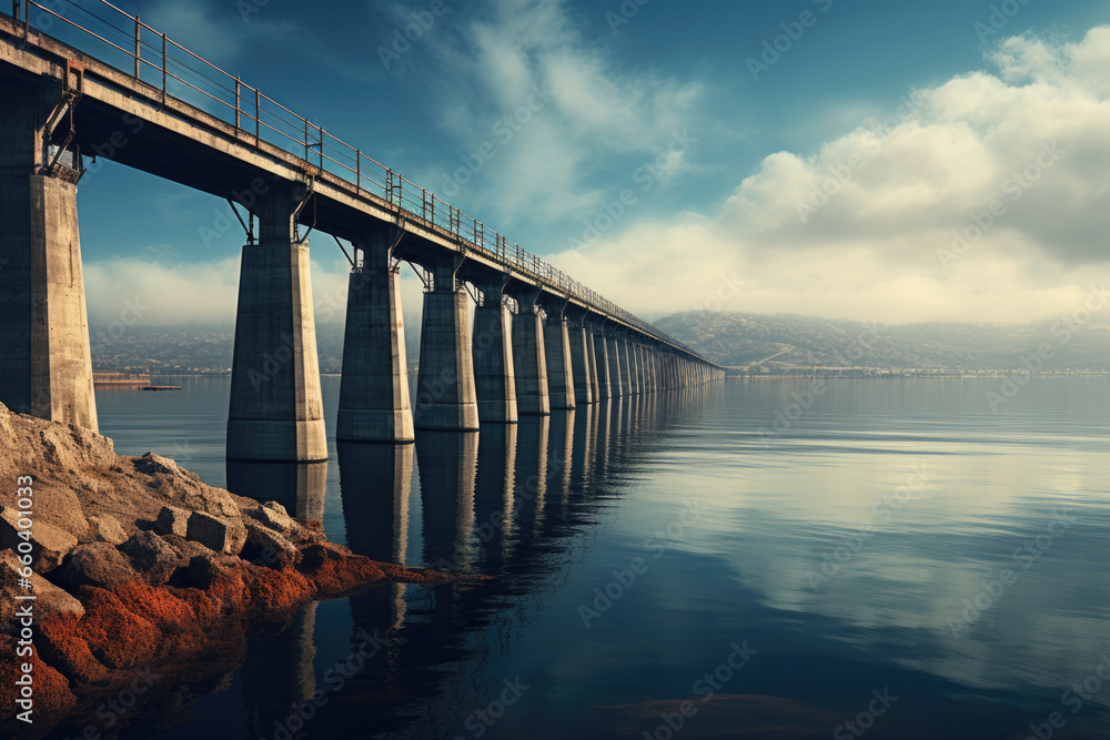 Modern highway highway bridge over a river against a blue sky