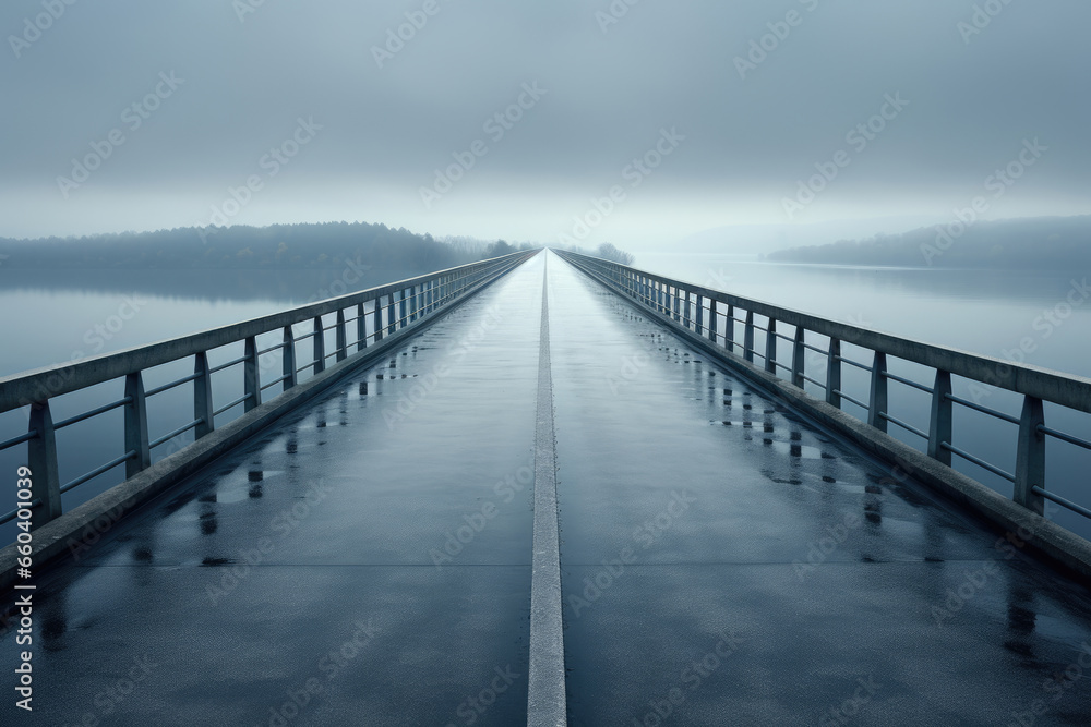 Modern highway highway bridge over a river in the fog