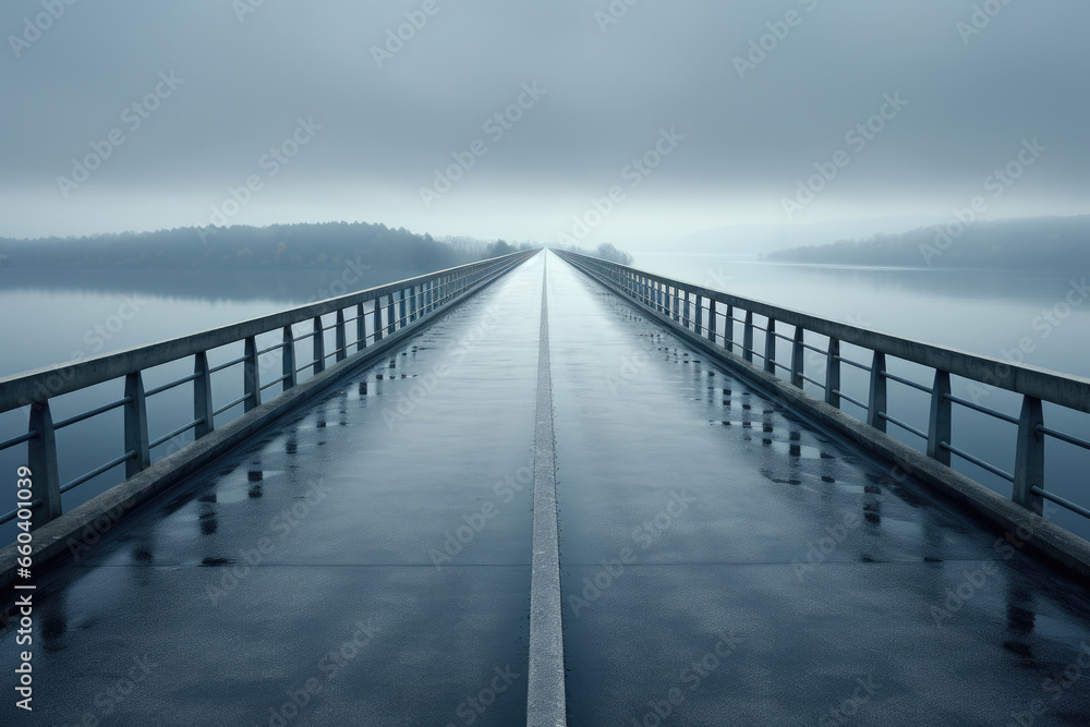Obraz premium Modern highway highway bridge over a river in the fog