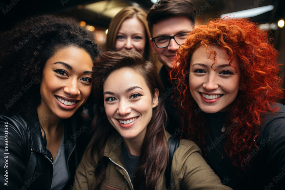 Fototapeta premium Selfie of a group of 5 different friends smiling at the camera in an indoor space.