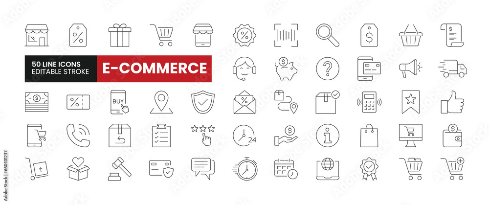 Set of 50 E-Commerce or Online Shopping line icons set. E-Commerce outline icons with editable stroke collection. Includes Online Shop, Gifts, Delivery, Coupon, Payment and More.