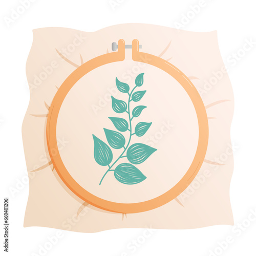Embroidery hoop with stitched leaves. Cartoon vector isolated illustration