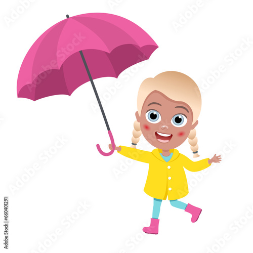 child jumping into a puddle. Cute little girl in a yellow raincoat holding an colorful umbrella in hand. Vector illustration of a little kid. Autumn outdoor activity. People character. Child
