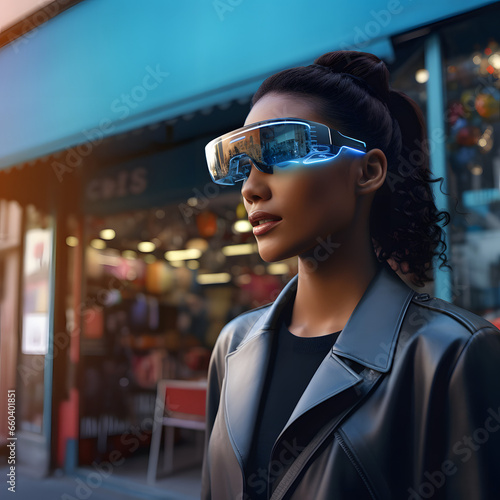 Confident Businesswoman in AR Glasses in Vibrant Metaverse Cityscape