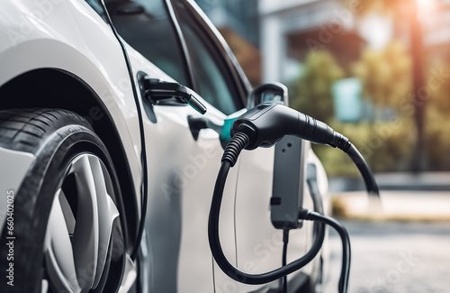 Power supply connected to electric vehicle charge battery. EV charging station for electric car or Plug-in hybrid car. Automotive innovation and technology concepts
