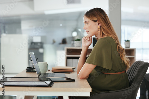 Business, thinking and woman with a laptop, connection and planning with brainstorming, solution and network. Person, worker or employee with a pc, pregnancy or idea with decision, choice or internet