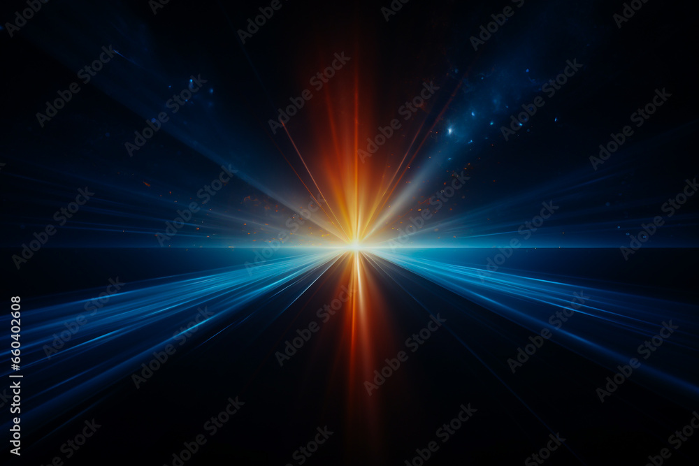 Abstract blue and orange lens flare, light effect. Illuminated lines, sun burst, sun beam. Dark technology background. Overlay or screen filter texture. Tech, business, science concept. - obrazy, fototapety, plakaty 