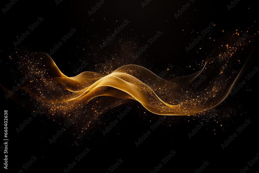 Abstract gold illuminated smooth wavy curved lines and golden sparkling dots, stars texture. Lights effect, lens flare, on dark technology background. Tech, business, science concept.  - obrazy, fototapety, plakaty 