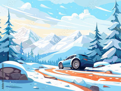 Advertising poster about tires. Winter road. Winter landscape. Landscape banner, digital print, flyer, booklet, brochure web design.