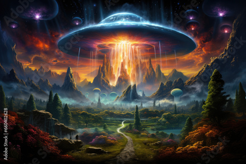 UFO, an alien saucer in the sky, futuristic fantasy landscape