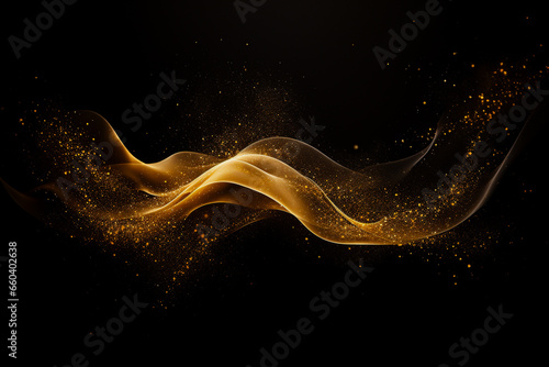 Abstract gold illuminated smooth wavy curved lines and golden sparkling dots, stars texture. Lights effect, lens flare, on dark technology background. Tech, business, science concept. 