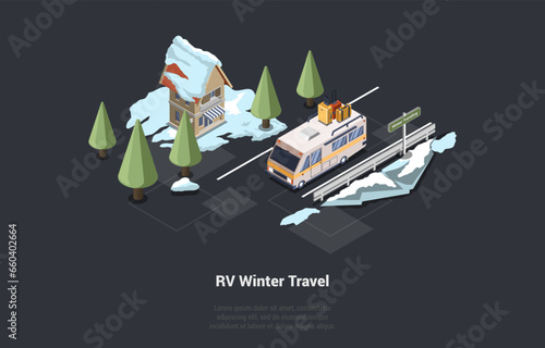 Resting in Nature And RV Winter Travel. Camping Trailer With Luggage On The Roof Parked At Motorhome Parking In Mountains Near Snowy Hotel. Camper Traveler Journey. Isometric 3d Vector Illustration
