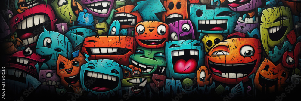 Funny faces of monsters with different emotions, in the style of colored graffiti. Horizontal banner