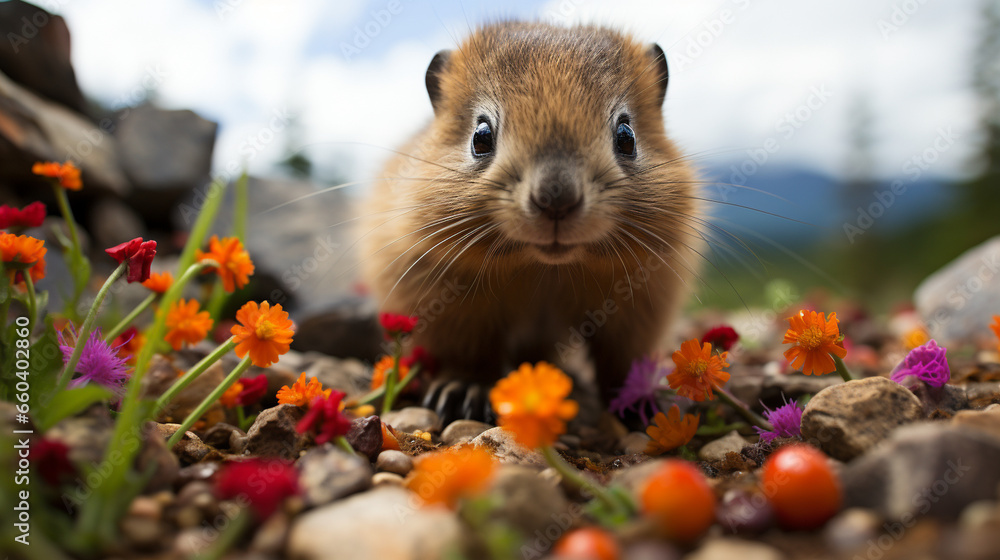 A playful marmot pup exploring its surroundings, surrounded by colorful alpine wildflowers A playful marmot pup exploring its surroundings, surrounded by colorful alpine wildflowers