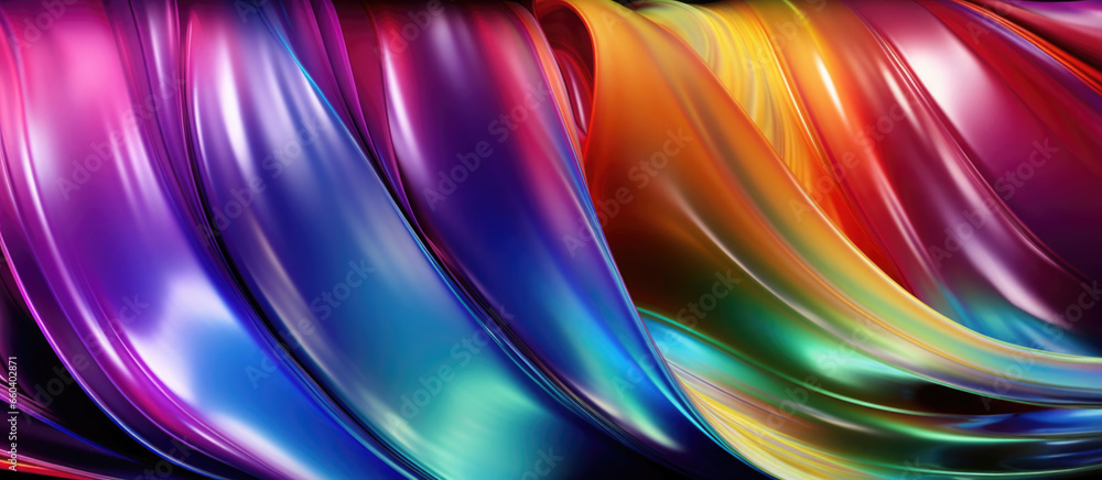 Beautiful screensaver of iridescent different waves of glossy material. Panorama