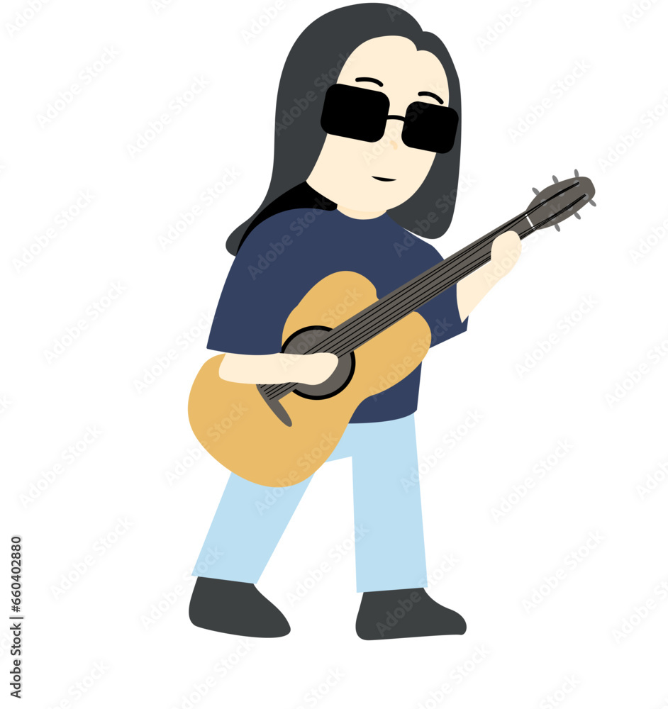 Cute cartoon vector longhair boy wears sunglasses guitarist playing the guitar illustrated  design