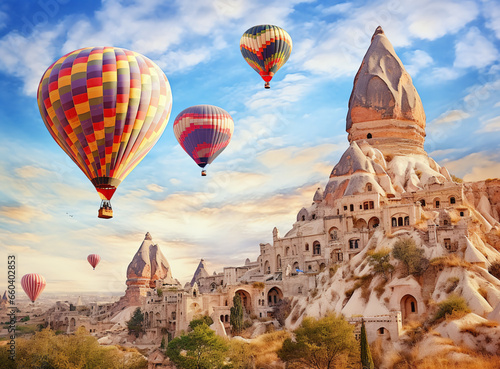  An energetic hot air balloon gracefully ascends above the picturesque terrain of Cappadocia, Turkey, adding a touch of magic to the scene