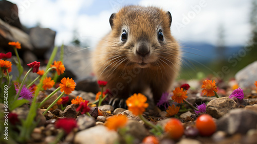 A playful marmot pup exploring its surroundings, surrounded by colorful alpine wildflowers
