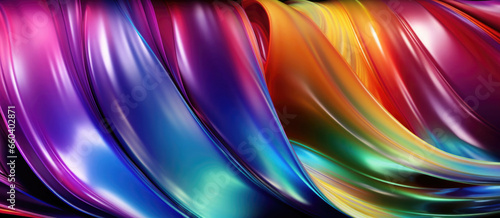 Beautiful screensaver of iridescent different waves of glossy material. Panorama