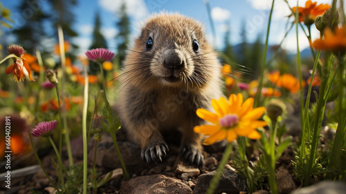 A playful marmot pup exploring its surroundings, surrounded by colorful alpine wildflowers