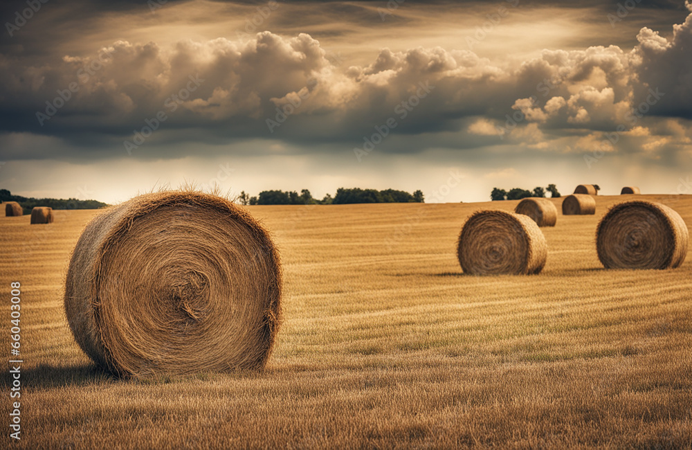 agricultural field with hay bales on a beautiful warm and bright summer day, blue sky with some clouds - obrazy, fototapety, plakaty 