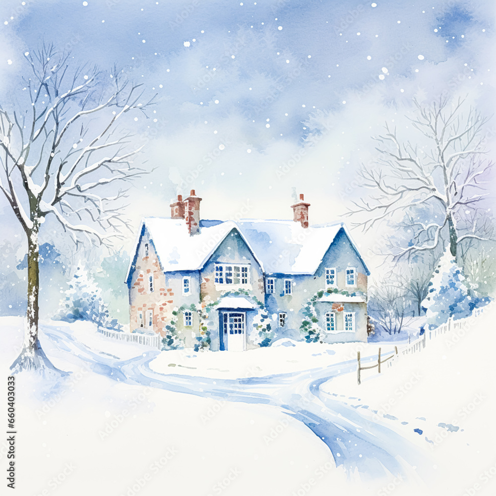 Naklejka premium Merry Christmas and Happy Holidays, watercolour printable art print, English countryside cottage as snow winter holiday Christmas card, thank you and diy greeting card design, country style