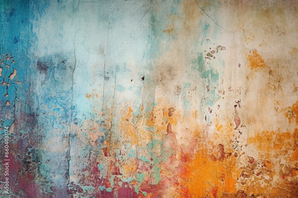 Colorful abstract grunge wall with paint, stains, scratches, dirt, mud, and vintage chaotic texture. Generative AI