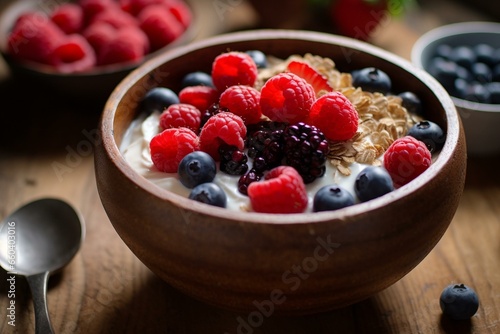 Nourishing bowl with yogurt, berries, and oat. Generative AI