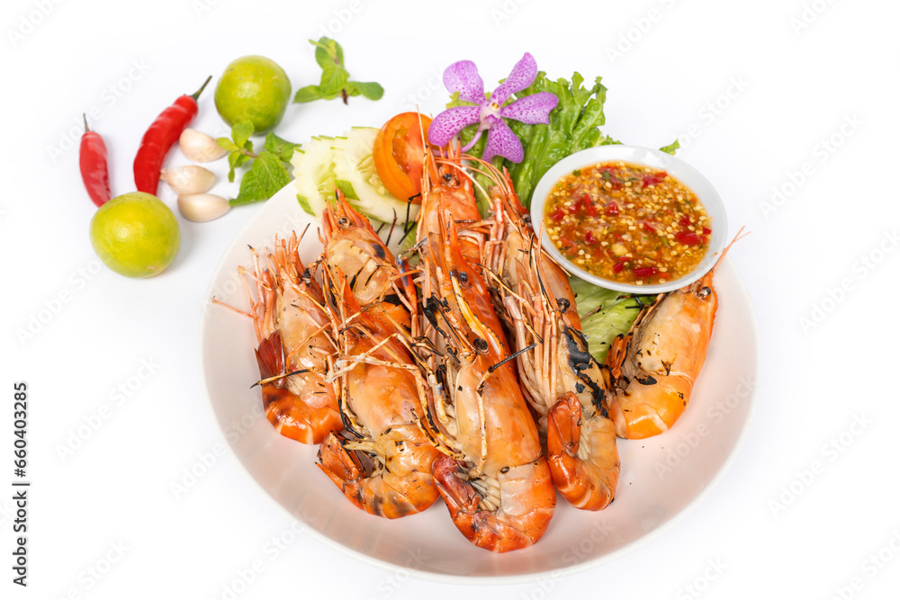 Top view grilled prawn on white background. Top view grilled prawn on white background.