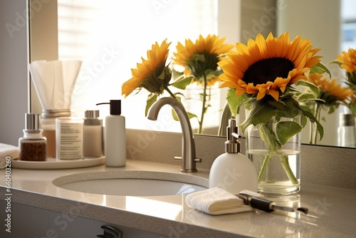 Bathroom counter with toiletries, flowers, and mirror. Generative AI