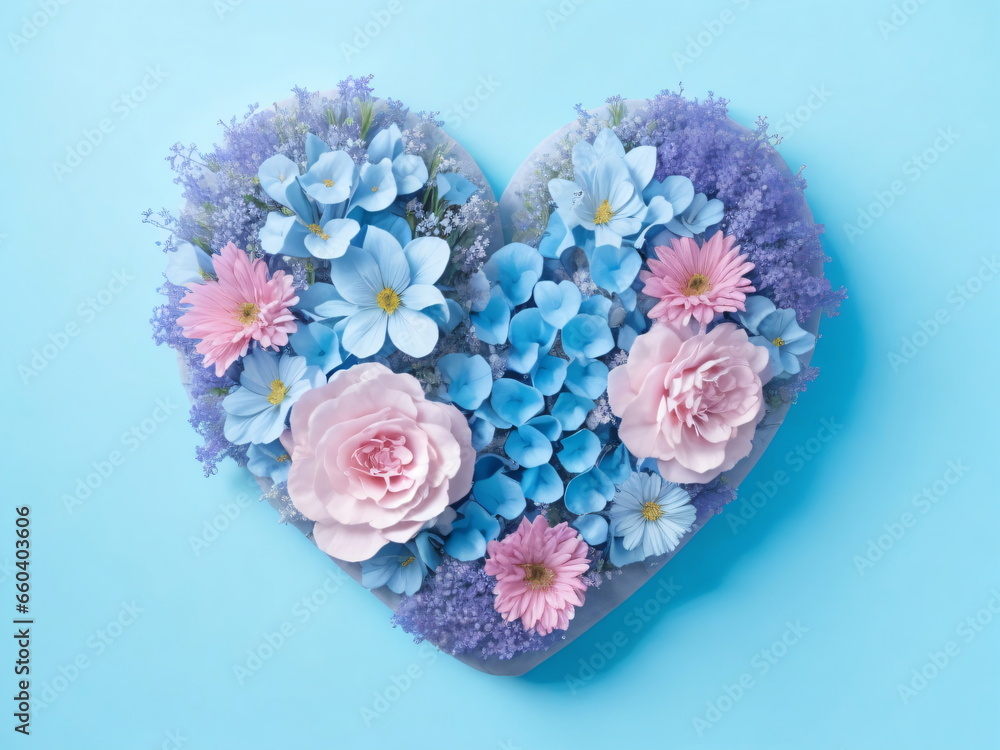 A heart made of flowers on a blue surface, soft pastel colors. Romantic symbol for Valentine's Day and Mother's Day